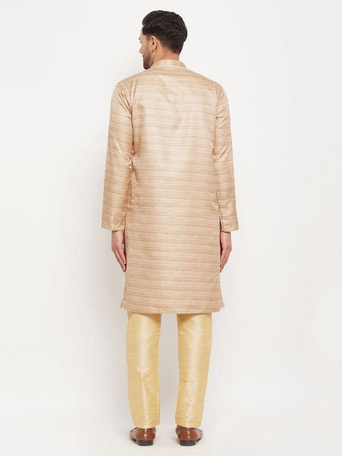 Vastramay Men's Beige Matka Silk Kurta and Gold Pant Style Pyjama Set